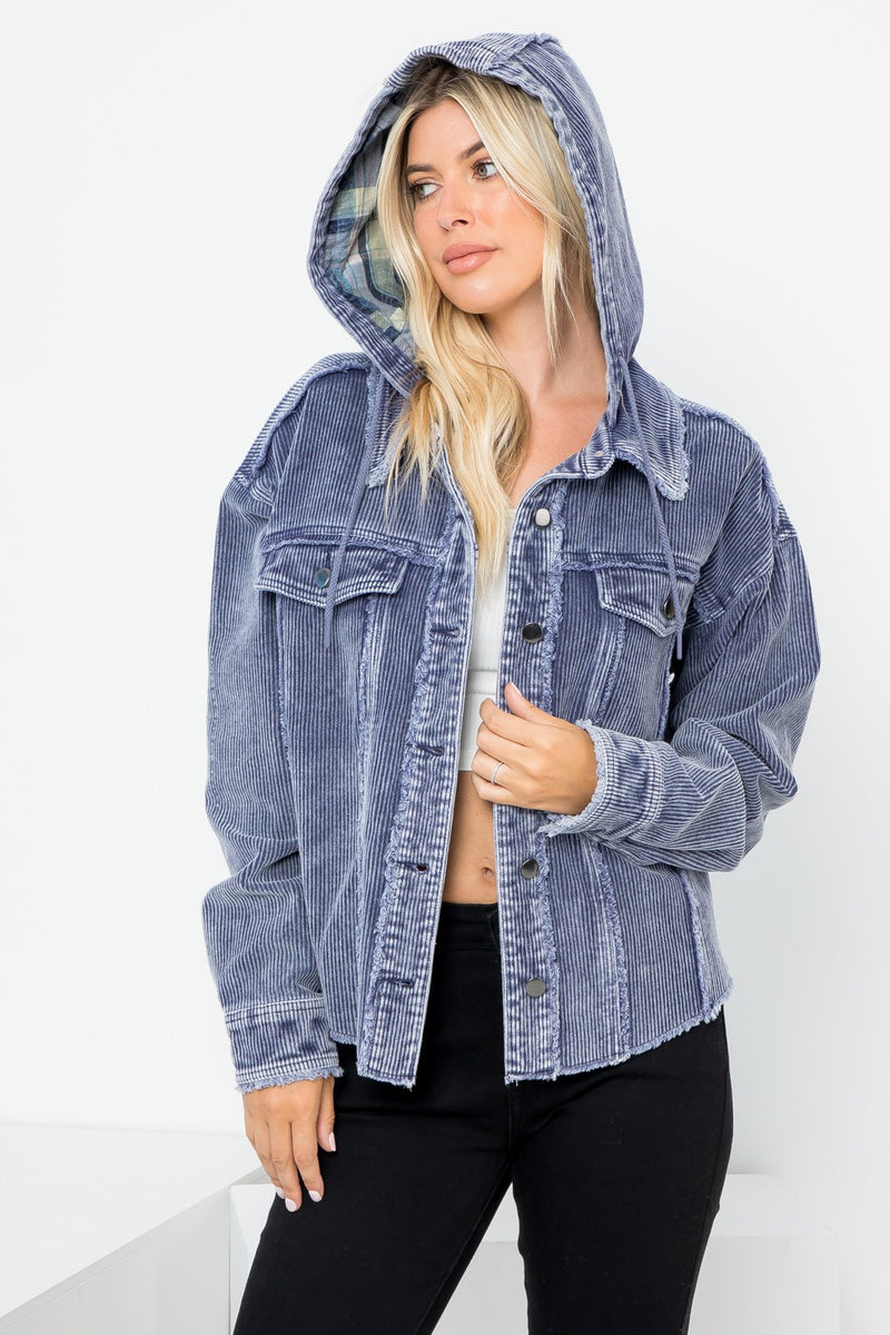 Washed Corduroy Crop Hooded Jacket