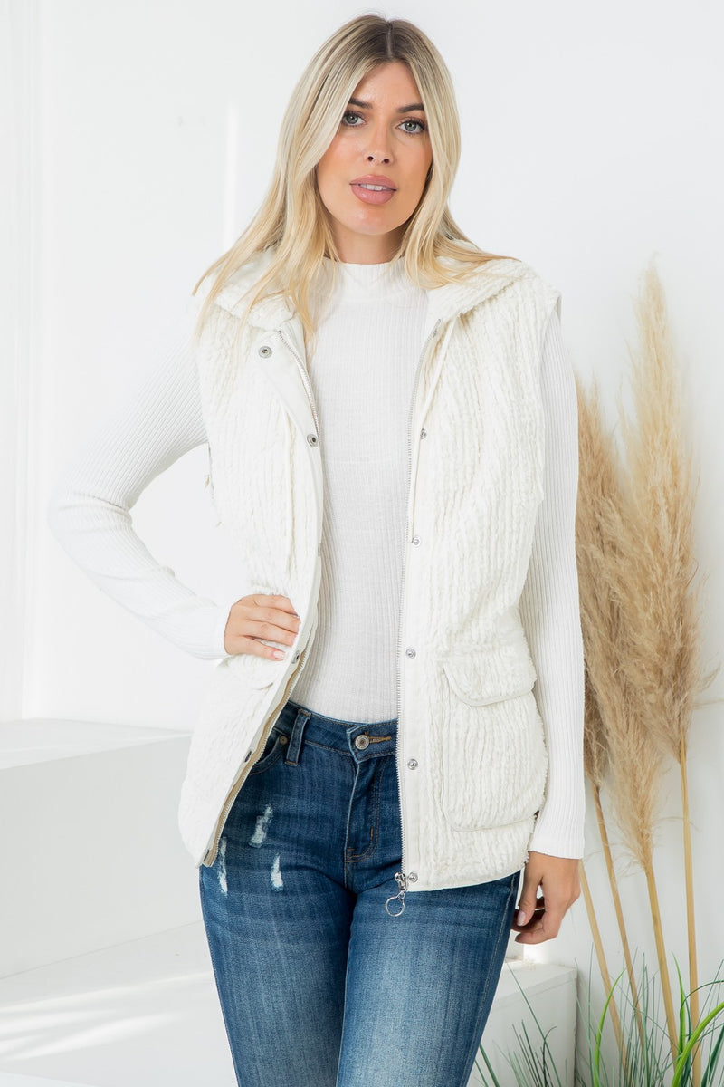 Textured Faux Fur Quilted Hoodie Vest