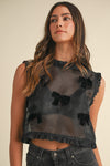 Sleeveless Ruffled Organza Top With Ribbon