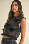 Sleeveless Ruffled Organza Top With Ribbon