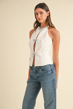 Jewel Bow Slit Detailed Halter Top