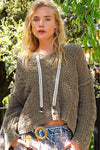 V-Neck Hooded Cable Knit Chenille Sweater