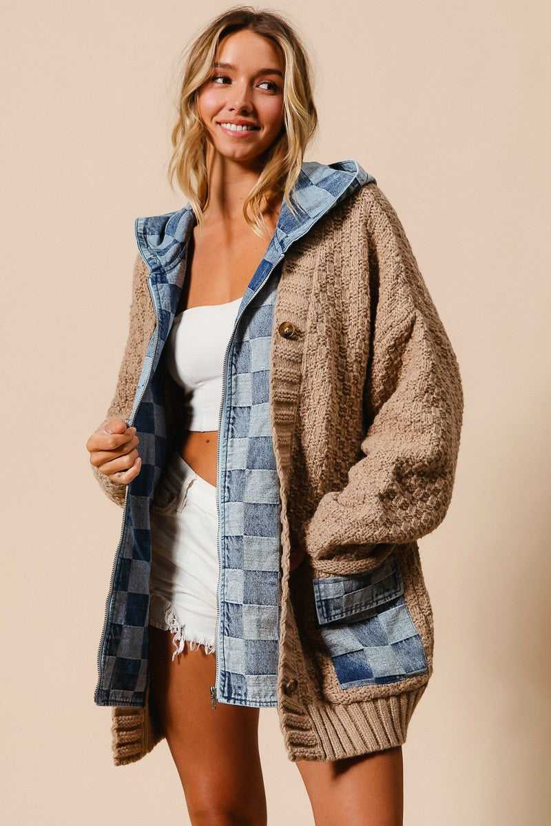 Washed Checker Denim Sweater Cardigan