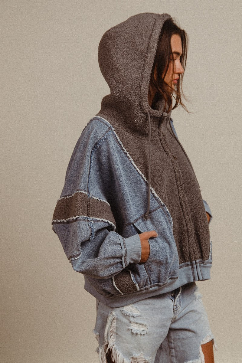 Washed Denim And Fleece Zip Up Hoodie