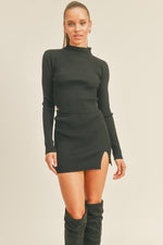 Rib Knit Mini Skirt And Mock Neck Set