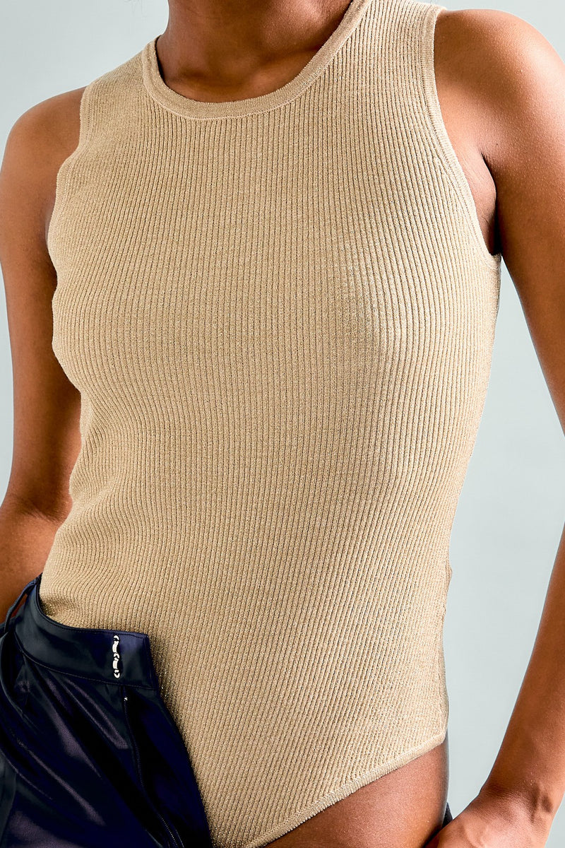 Round Neck Metallic Ribbed Bodysuit