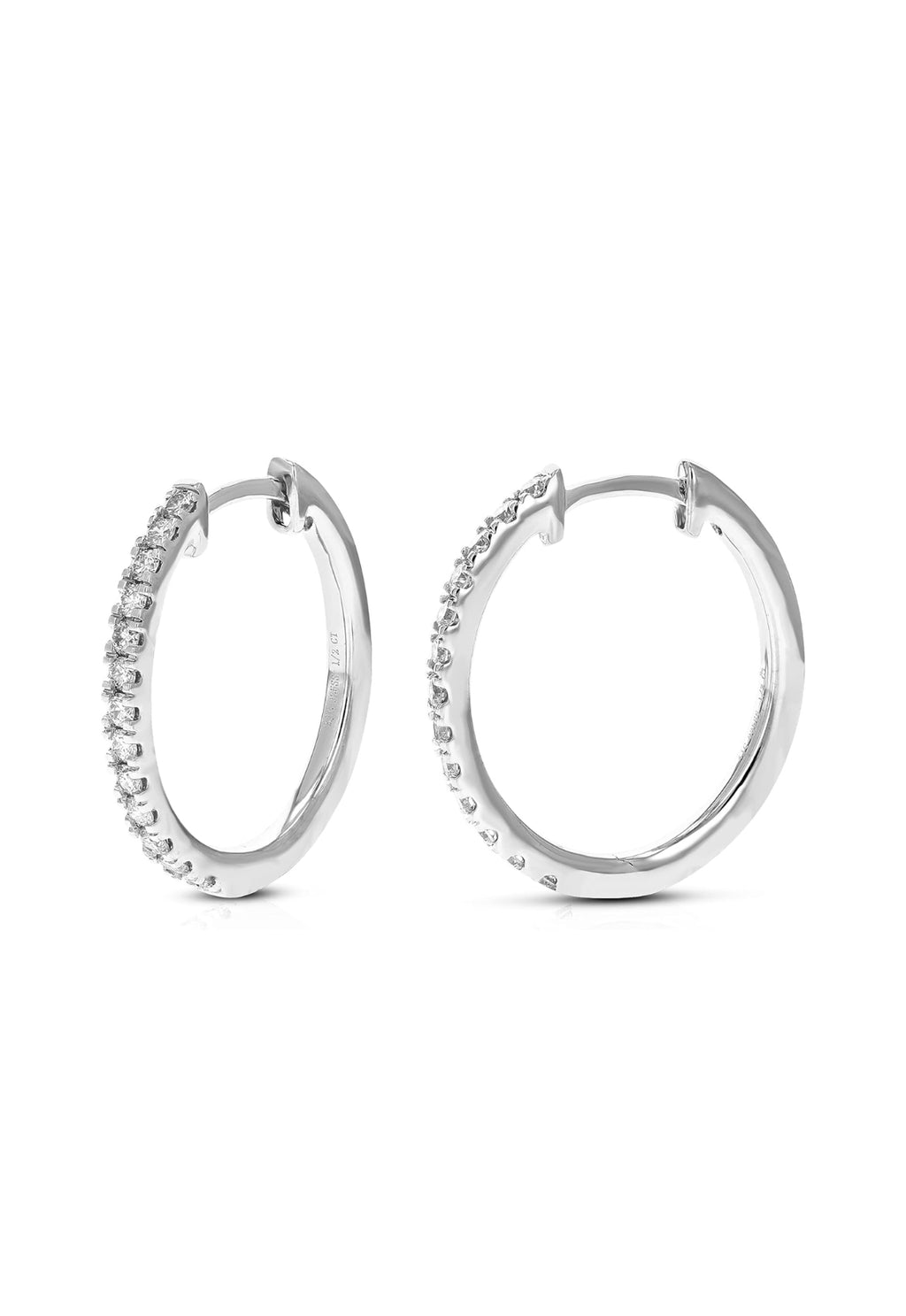 Pair of silver hoop earrings with embedded stones on a white background