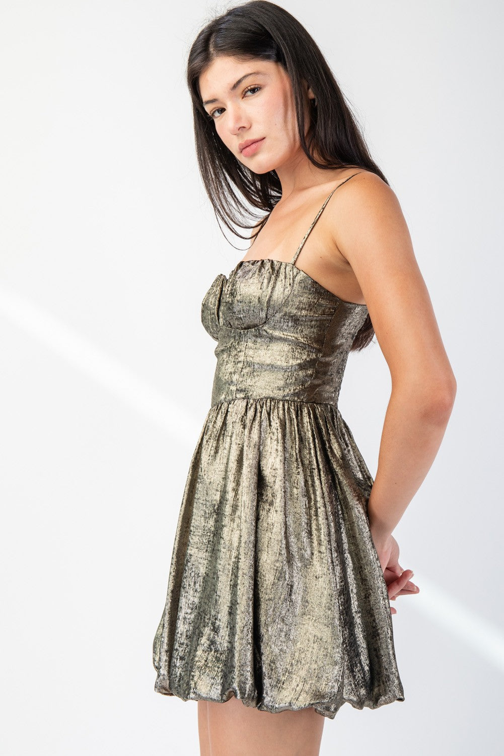 Metallic Satin Bubble Hem Mini Dress