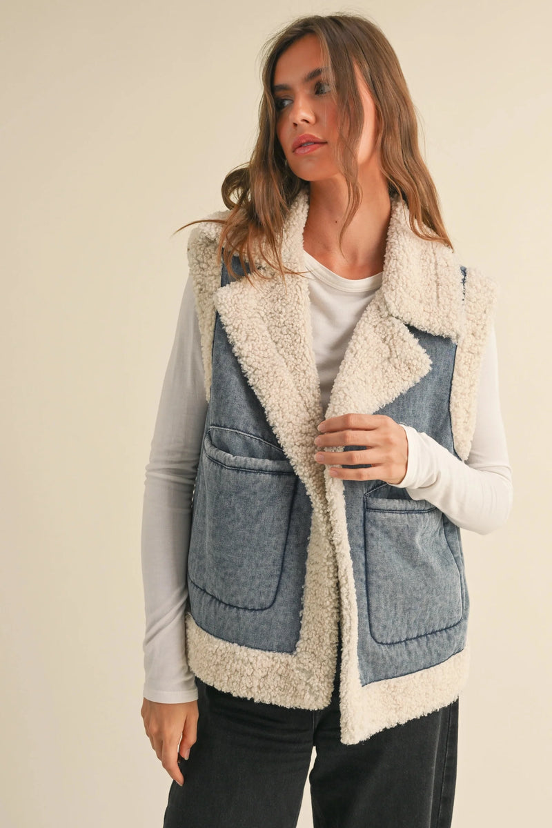 Sherpa Contrasted Denim Vest Jacket