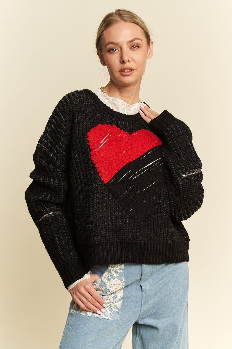 Heart Round Neck Loose Fit Sweater