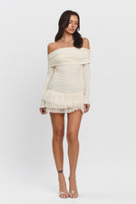 Off Shoulder Long Sleeve Dress With Tulle Detail