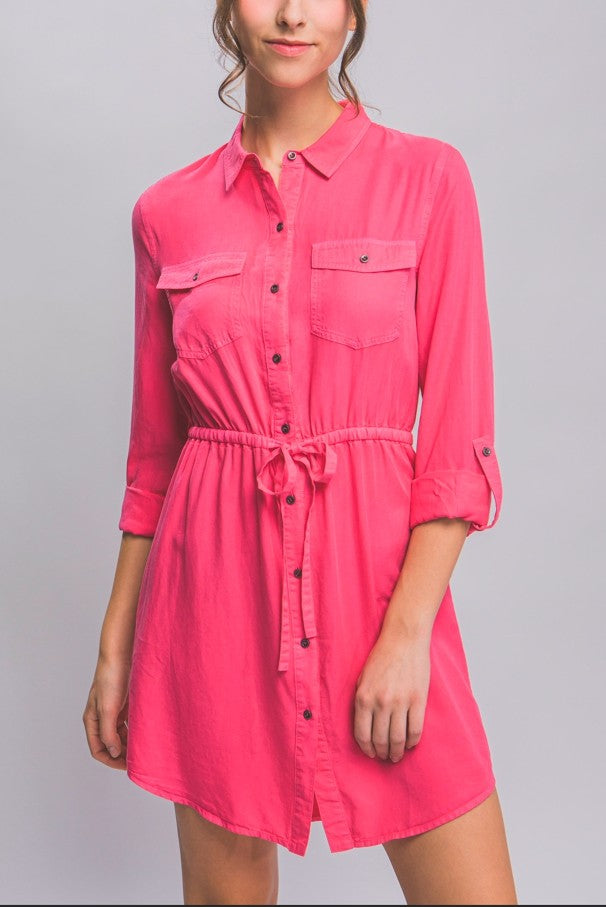 Roll Up Tencel Mini Shirt Dress