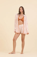 Surf Gypsy Sunset Stamp Print Crepe With Trim Collared Shirt
