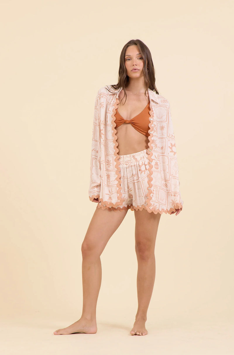 Surf Gypsy Sunset Stamp Print Crepe With Trim Collared Shirt