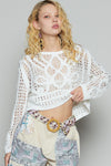 POL Round Neck Long Sleeve Crochet Top