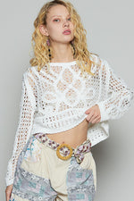 POL Round Neck Long Sleeve Crochet Top