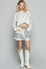 POL Round Neck Long Sleeve Crochet Top