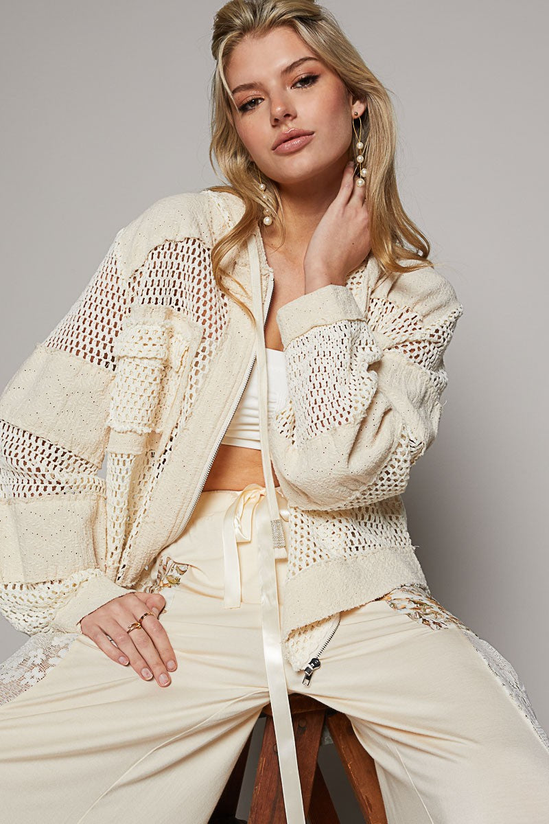 Balloon Sleeve Front Pockets Zipper Front Hoodie Top