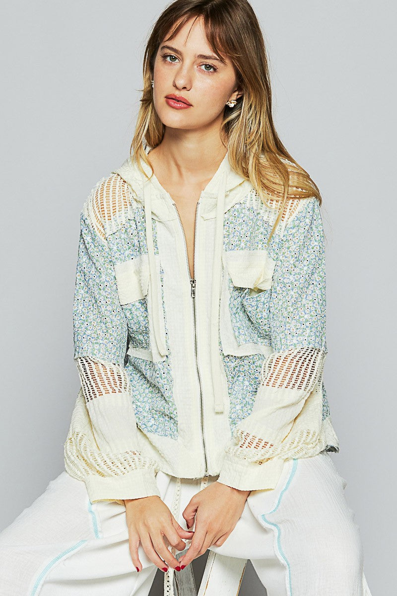 Balloon Sleeve Print Patch Front Zipper Jacket