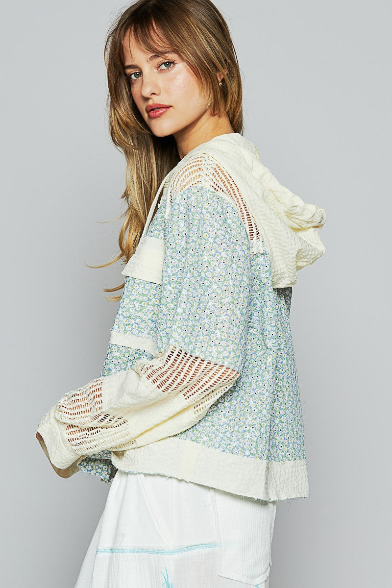 Balloon Sleeve Print Patch Front Zipper Jacket