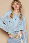 Open Knit Button Down Pocket Hooded Shirt