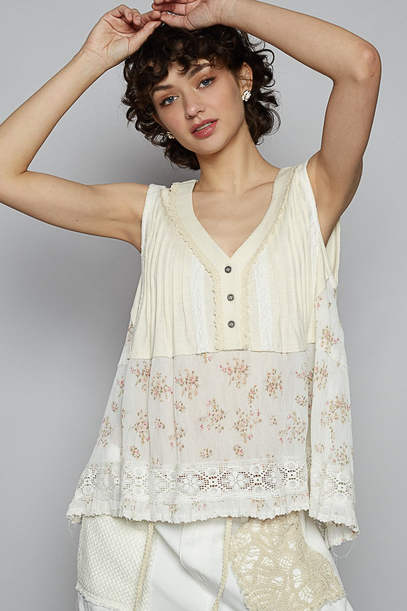 Sleeveless Vintage Washed Floral Patches Top
