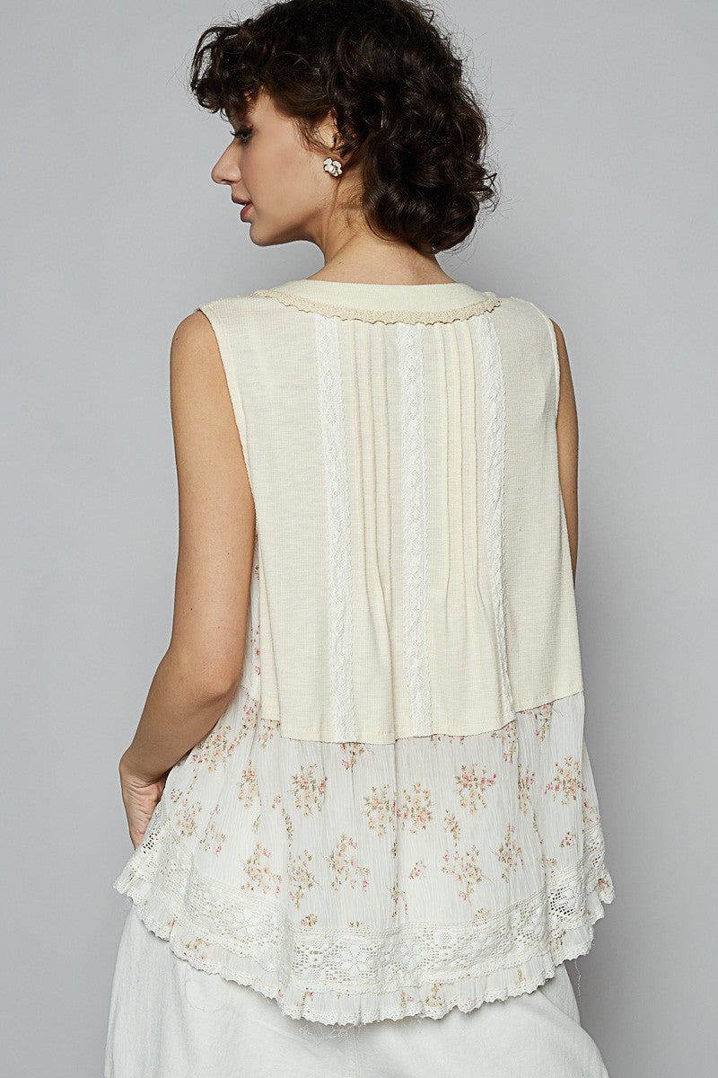 Sleeveless Vintage Washed Floral Patches Top