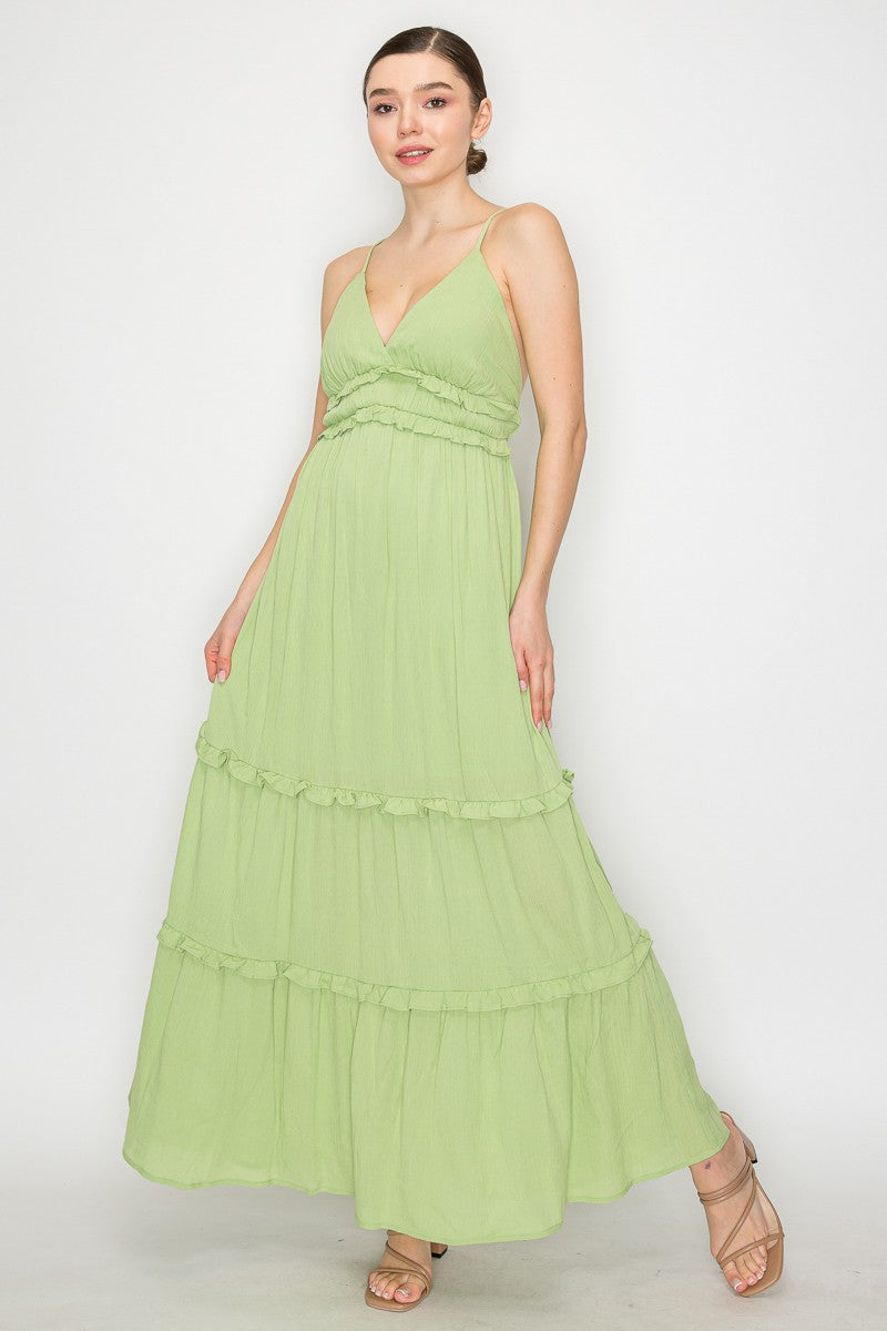 Crossed Back Ruffle Trim Tiered Dress