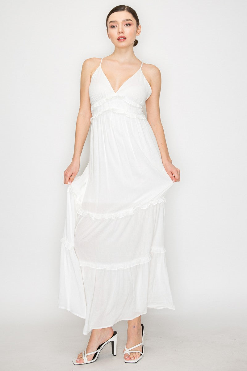 Crossed Back Ruffle Trim Tiered Dress