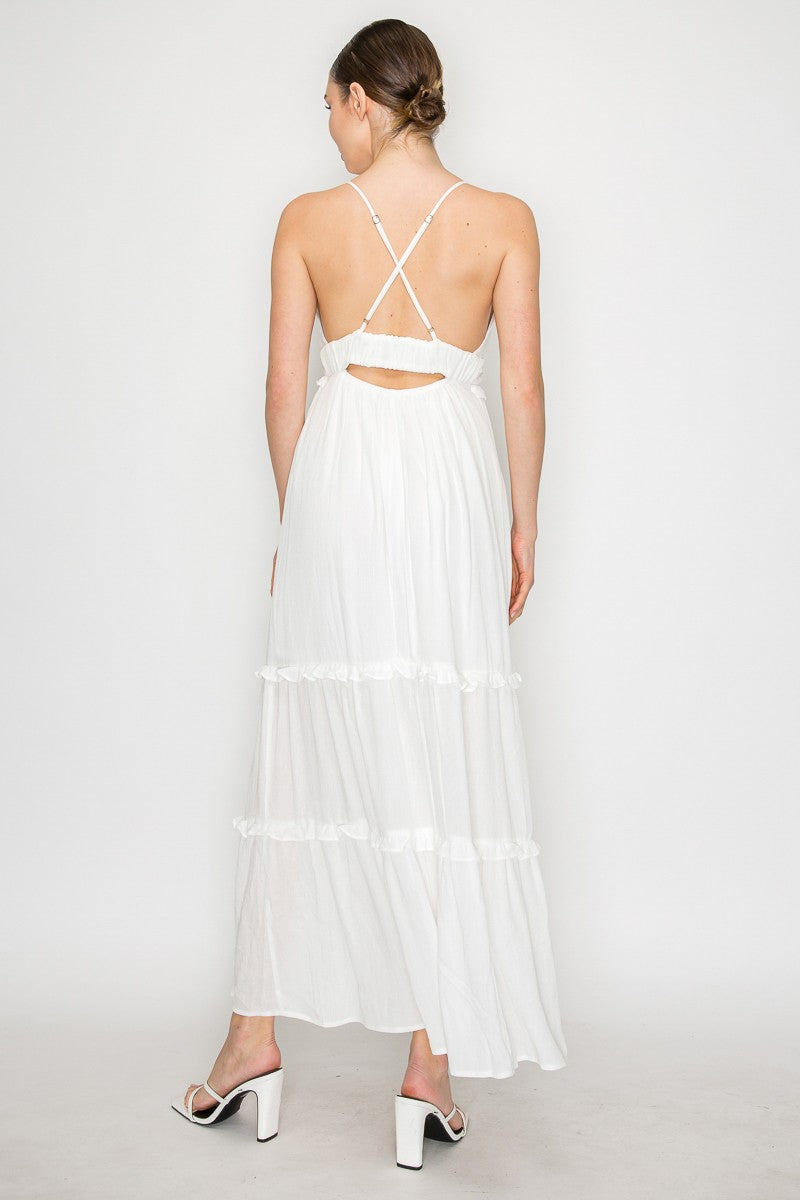 Crossed Back Ruffle Trim Tiered Dress