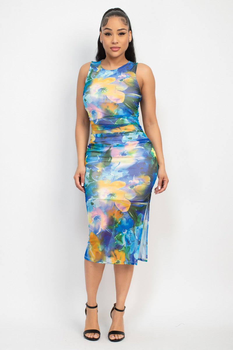 Slit Floral Accented Midi Dress