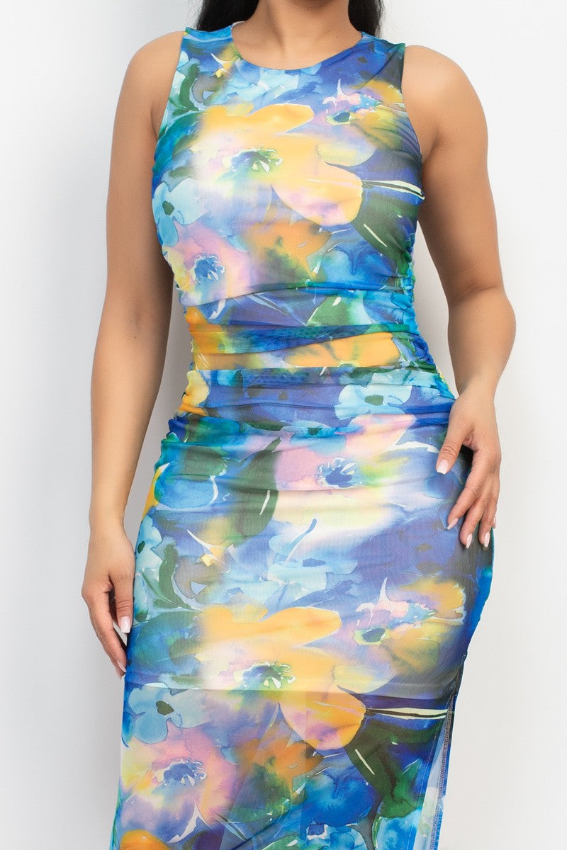 Slit Floral Accented Midi Dress