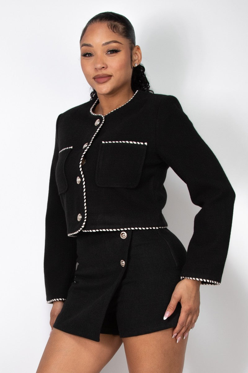 Button Down Pocketed Crisp Crop Jacket
