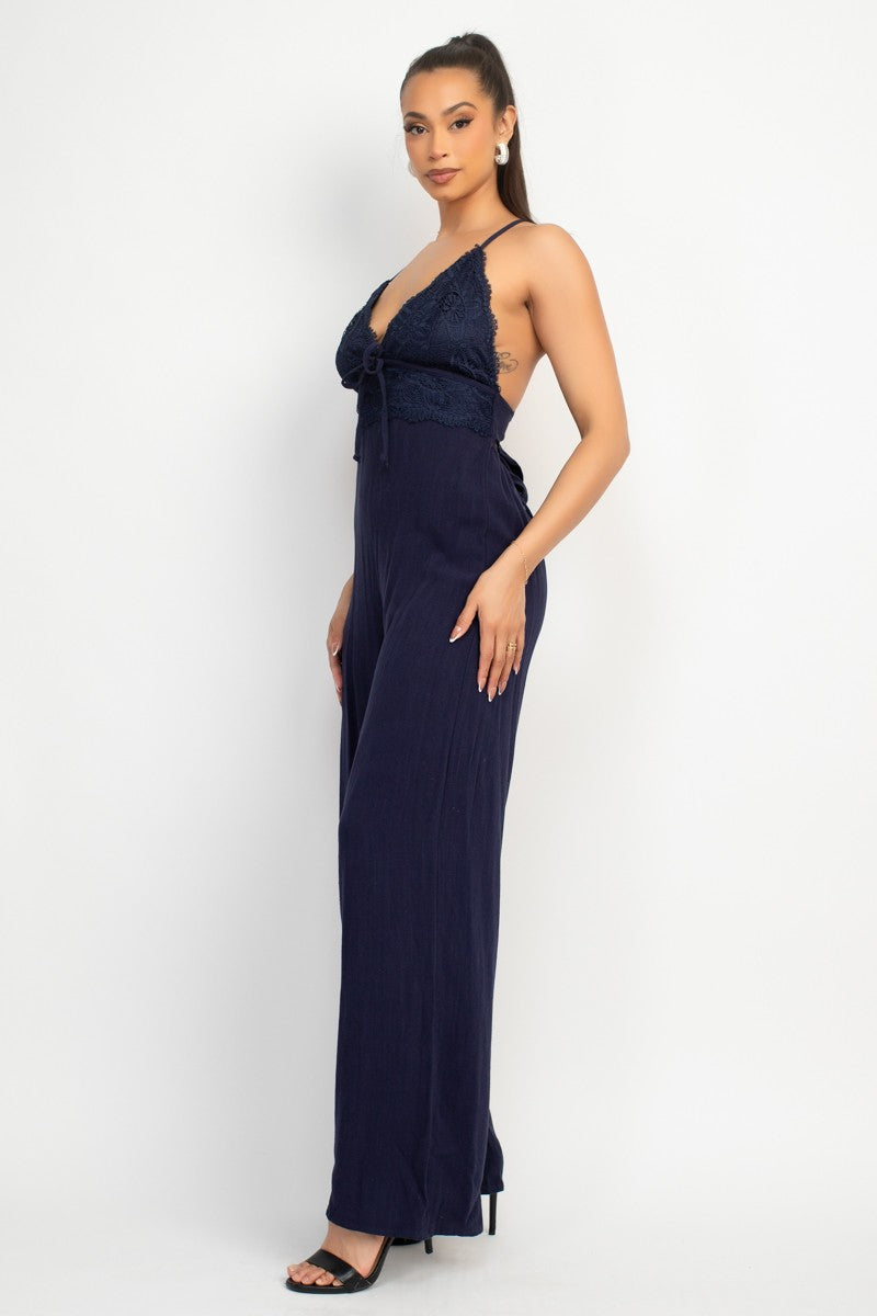 Lace Trim Crossed Back Jumpsuit