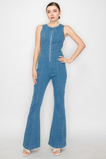 Zip Up Sleeveless Flare Denim Jumpsuit