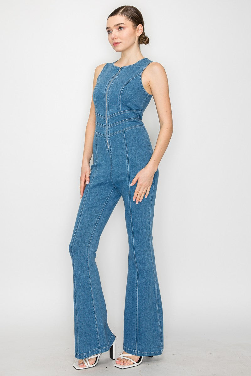 Zip Up Sleeveless Flare Denim Jumpsuit