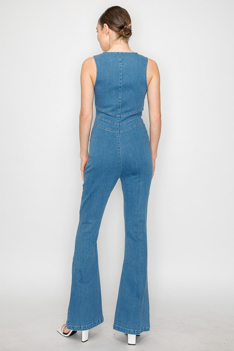 Zip Up Sleeveless Flare Denim Jumpsuit