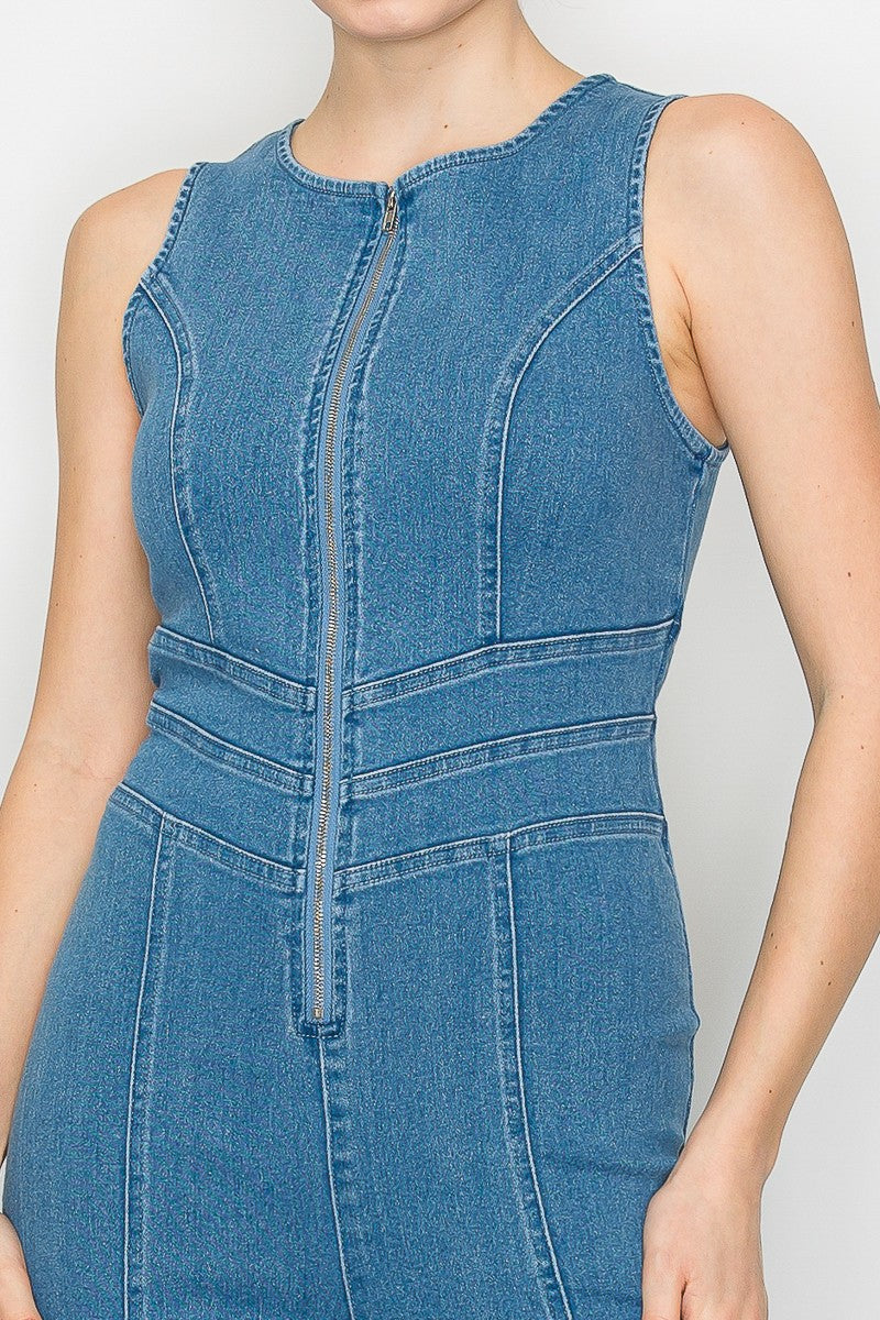 Zip Up Sleeveless Flare Denim Jumpsuit