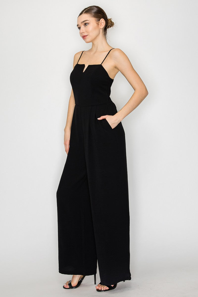 V-Bar Smocked Wide Leg Jumpsuit