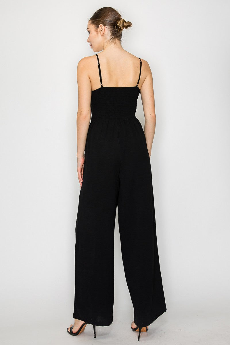 V-Bar Smocked Wide Leg Jumpsuit