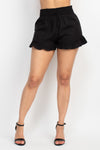 High Rise Shirred Ruffle Trim Shorts