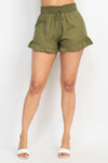 High Rise Shirred Ruffle Trim Shorts