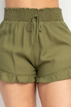 High Rise Shirred Ruffle Trim Shorts