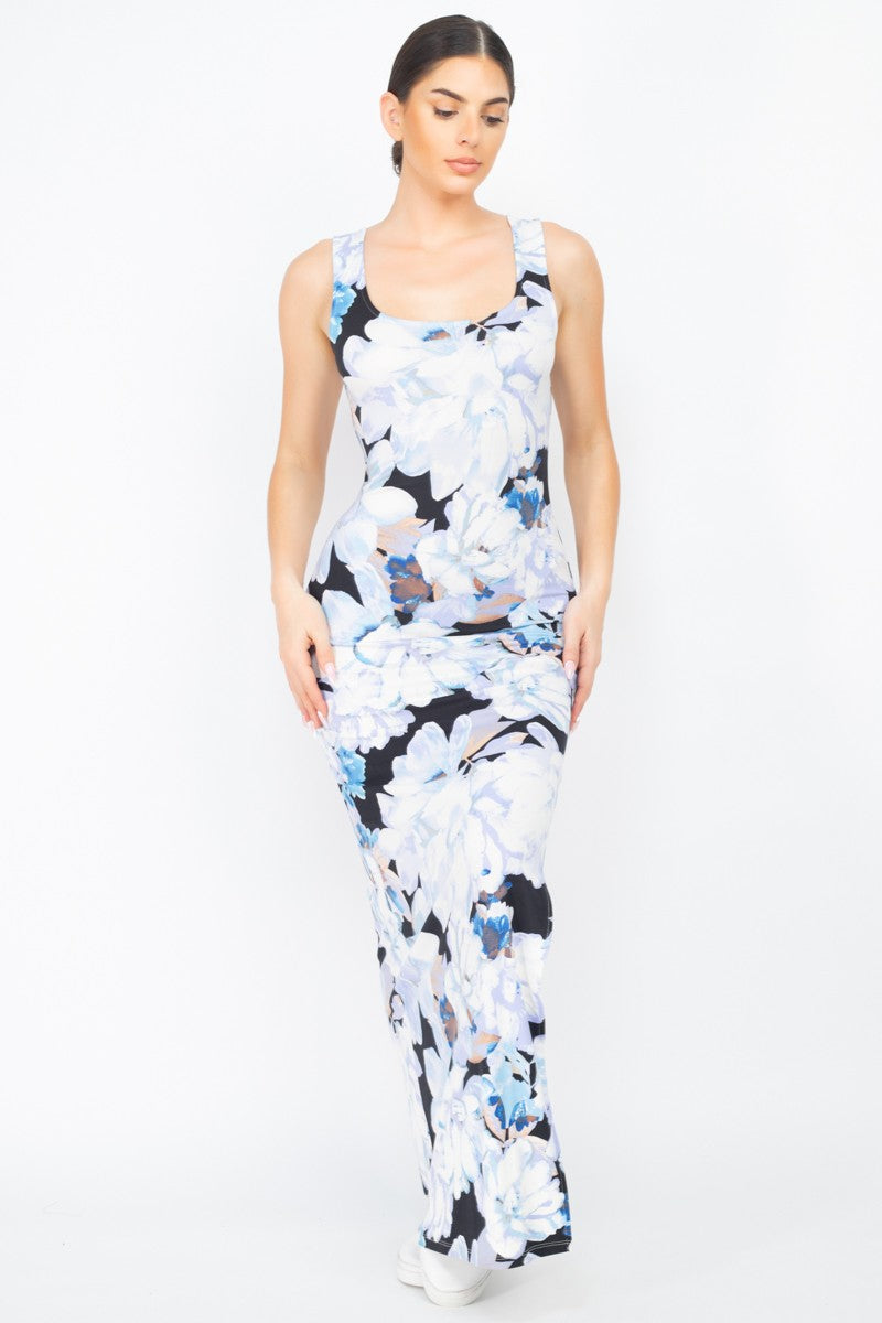 Square Floral Sleeveless Slit Maxi Dress