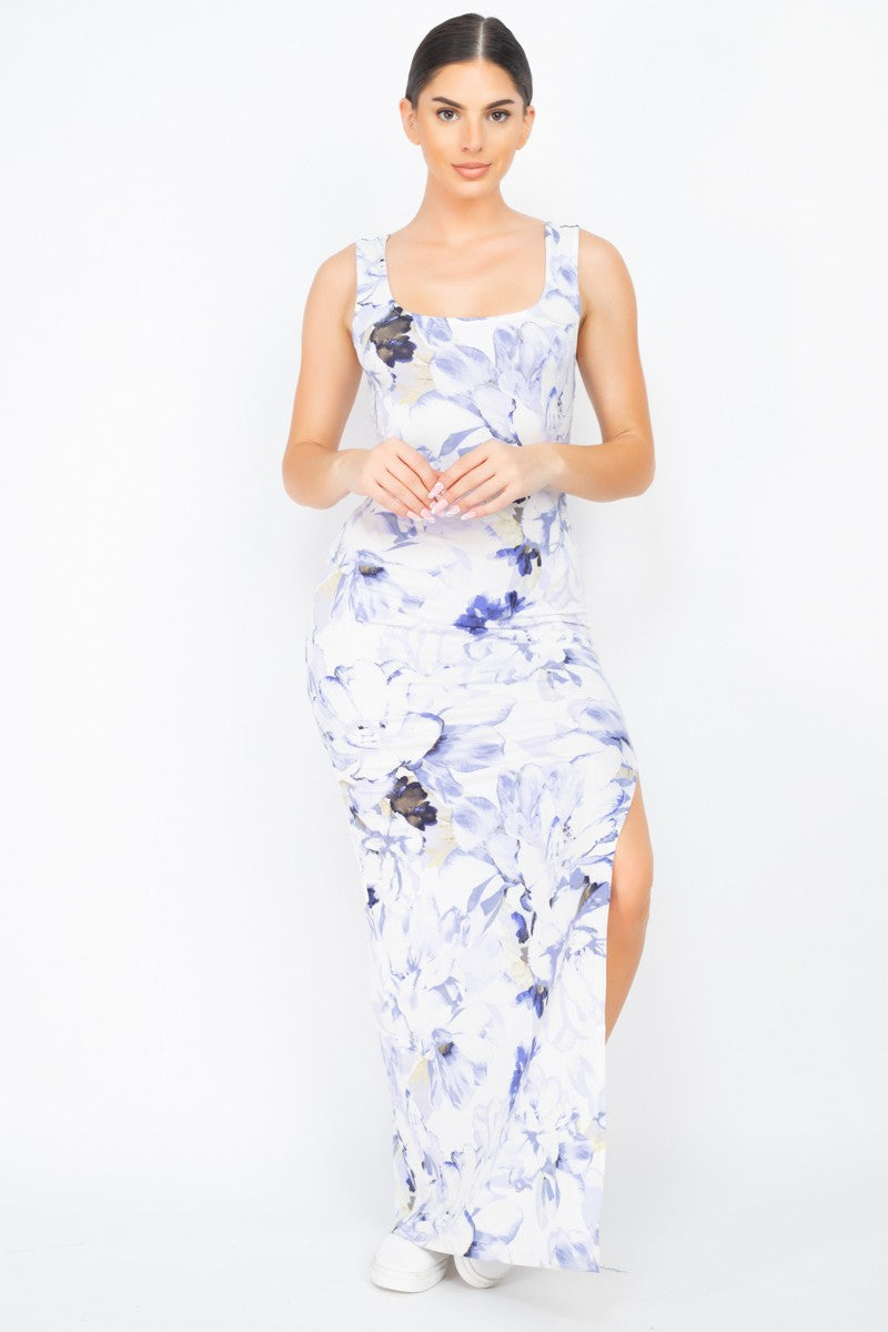 Square Floral Sleeveless Slit Maxi Dress