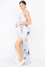 Square Floral Sleeveless Slit Maxi Dress