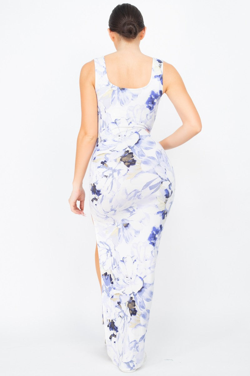 Square Floral Sleeveless Slit Maxi Dress