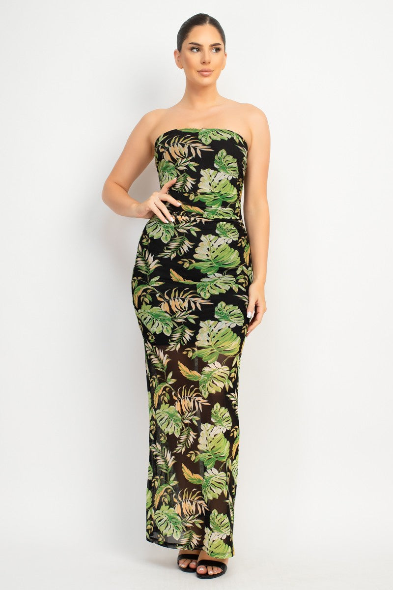 Tube Leaves Patterned Shirring Dress