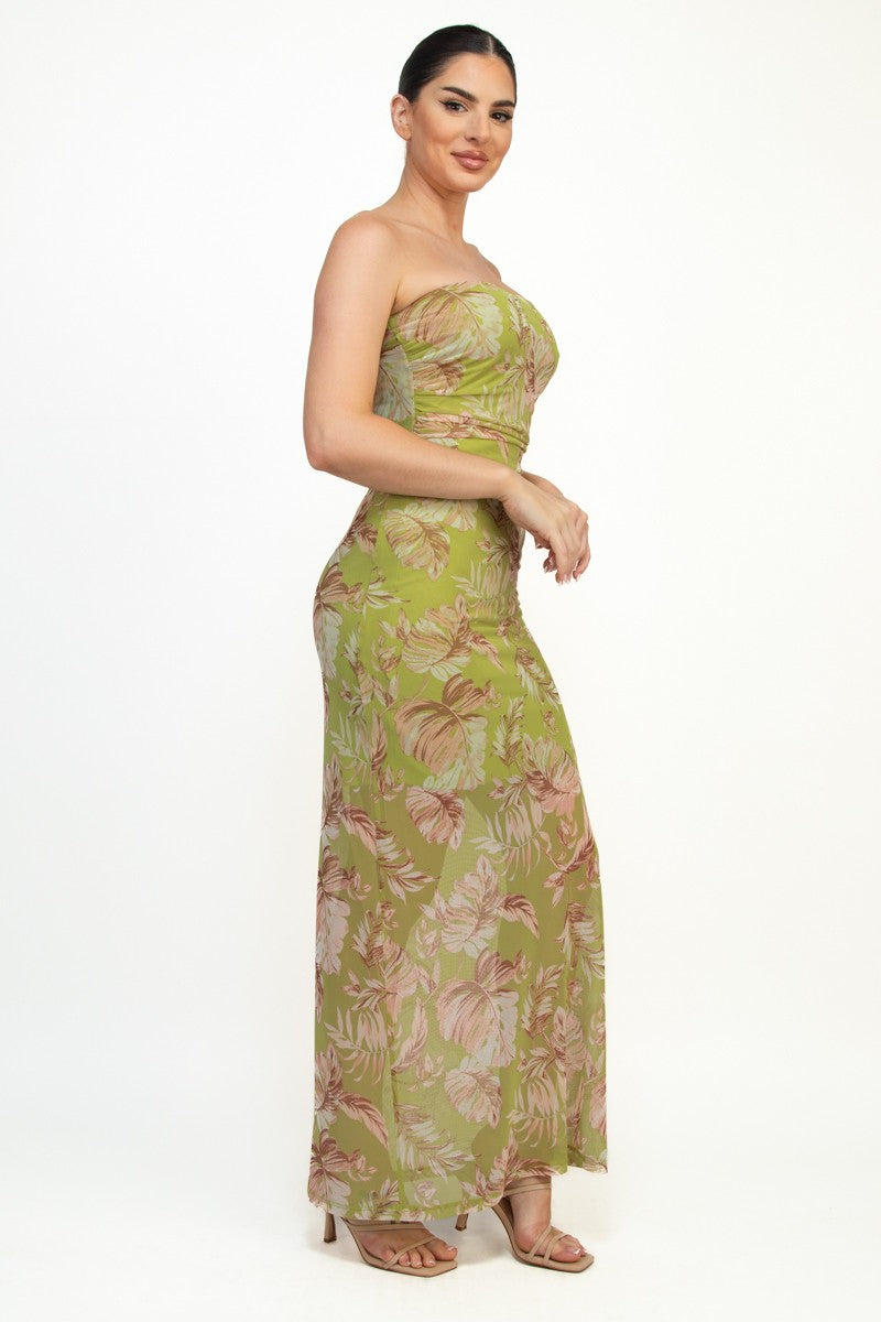 Tube Leaves Patterned Shirring Dress