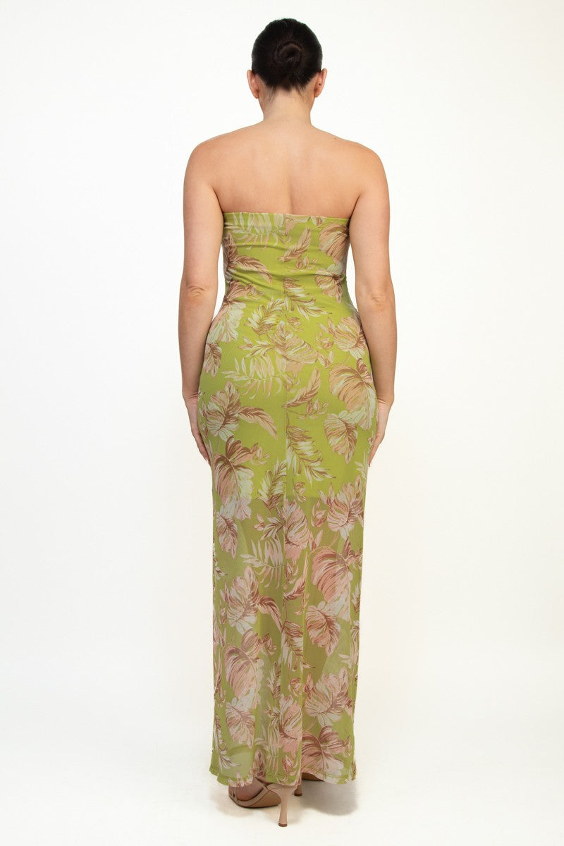 Tube Leaves Patterned Shirring Dress